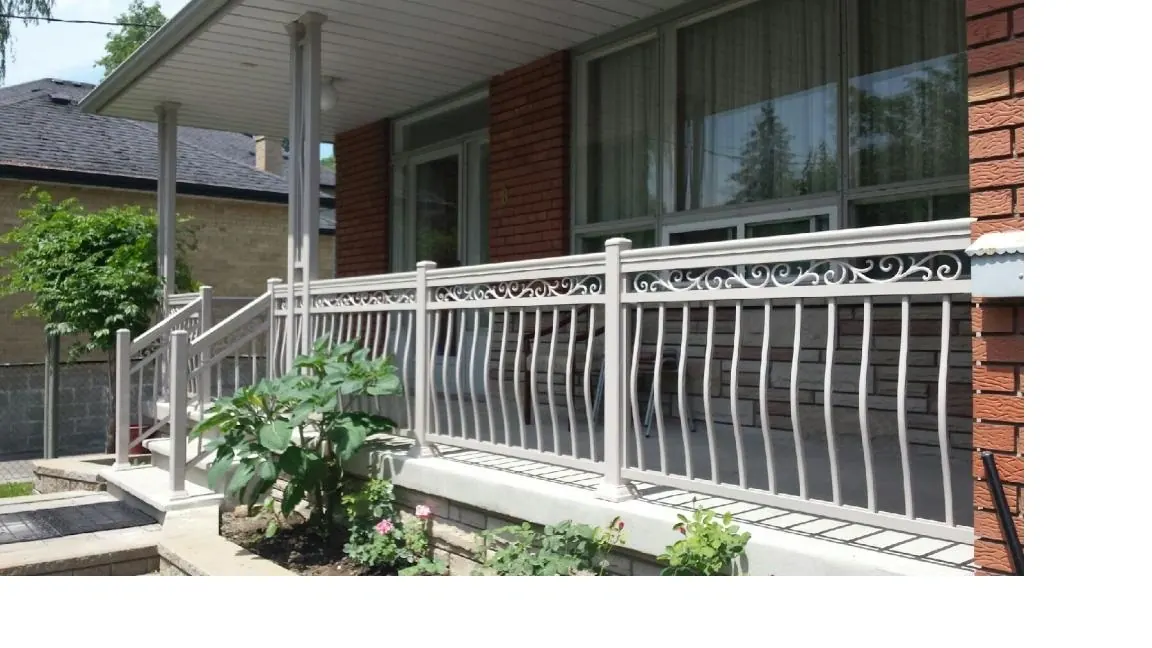 Decorative aluminum porch railing with scrollwork mid-rail accent